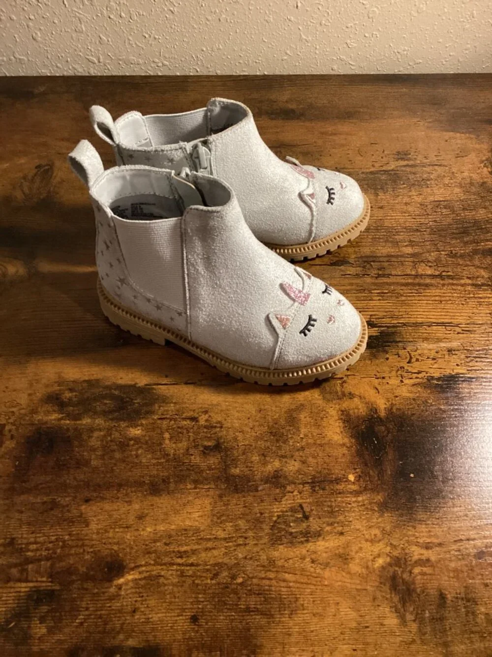 Girls White Unicorn Ankle Boots Pink Glitter Horn Side Zip